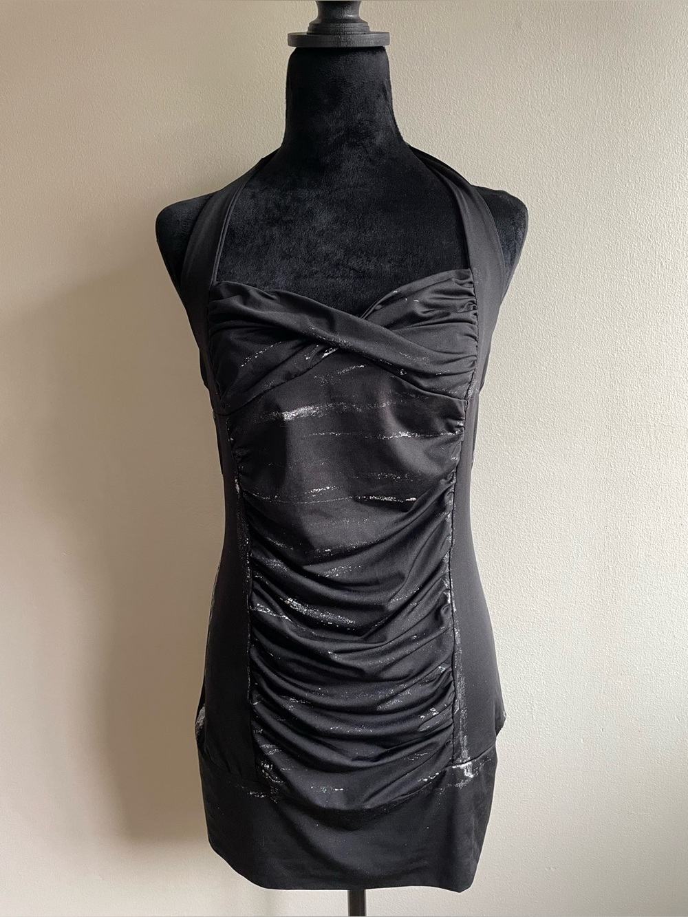 PINK Victoria’s Secret Y2K Black Metallic Ruched Halter Mini Dress M